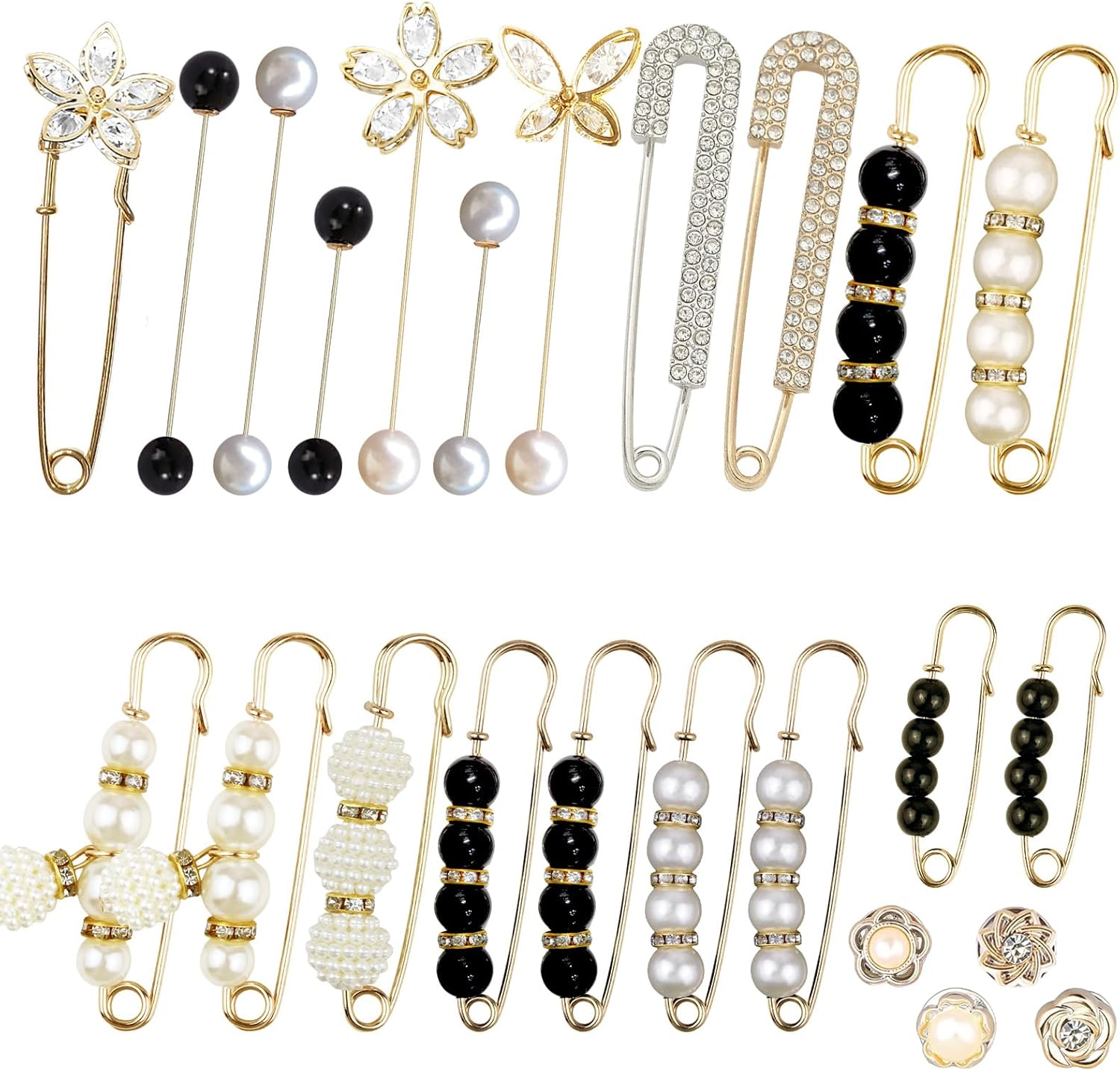 24 Pieces Pearl Crystal Brooch Safety Pins Button Pins Pant Waist Tightener Pins for Clothes Sweater Shawl Collar Dress Cardigan Shirt Jeans Decoration Accessories for Women Girls(Classic)